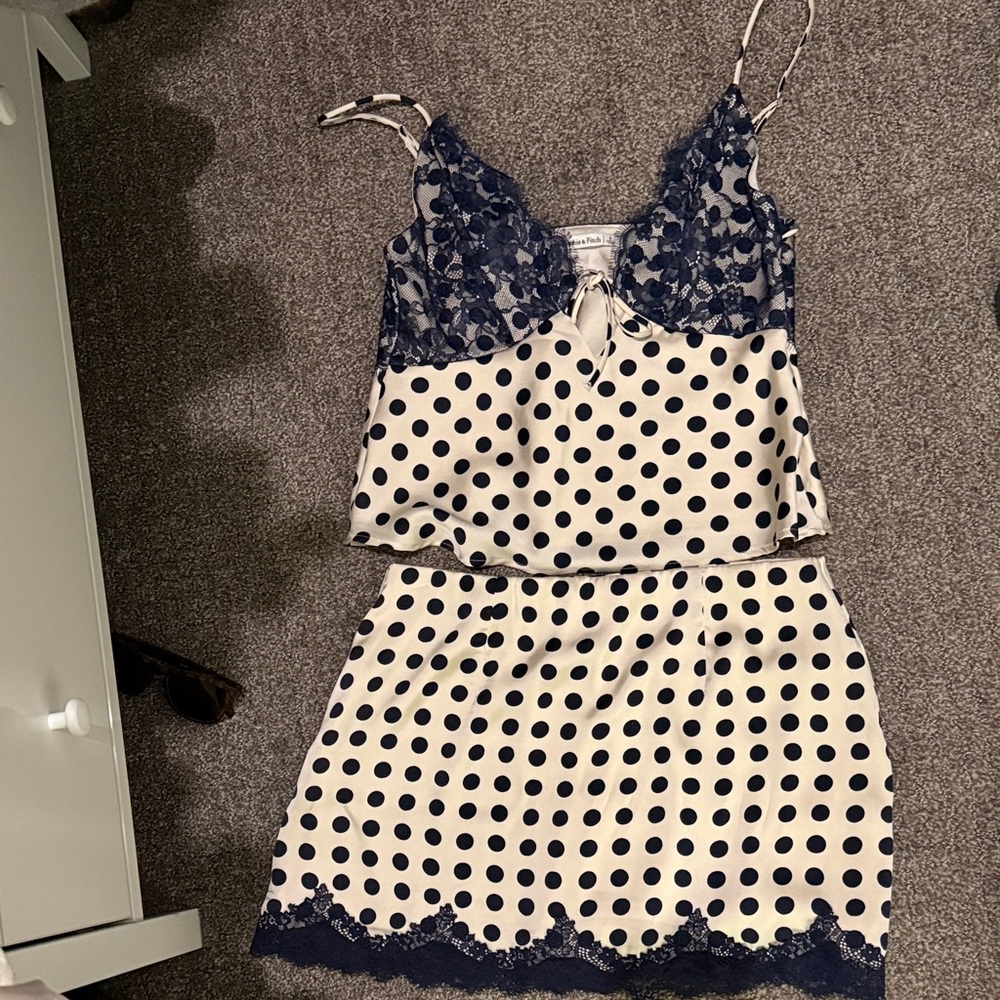 Bella Polka Dot Satin Two-Piece Set with Navy Lace